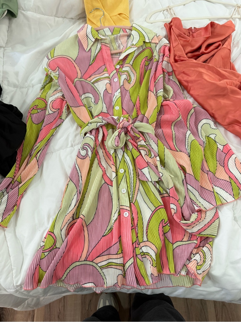 Colorful Swirl Print Button-Up Dress with Waist Tie